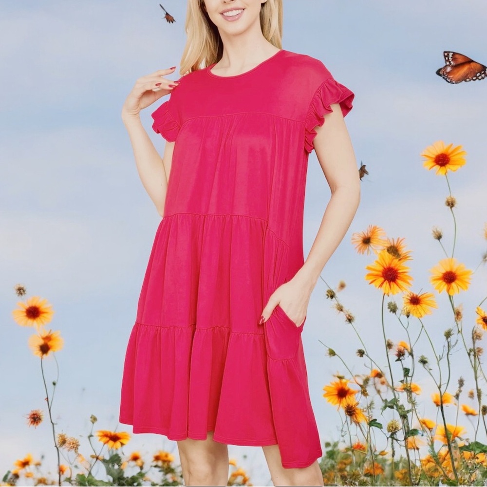 You & Me Short Ruffle Sleeve Tiered Dress w/Pockets Women’s S 4/6 Watermelon